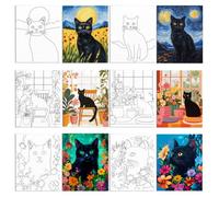 WEBEEDY 6 Pack Cute Cat Pre Drawn Canvas Painting Kit Black Cat Flowers Pre Printed Canvas, DIY Animal Painting Canvas Panels for Adult Sip and Paint Party Supplies Valentine's Day Gifts,20x25cm