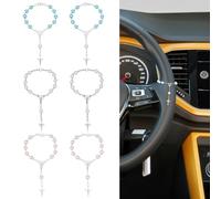 WEBEEDY 6 PCS Steering Wheel Rosary Charm 3 Colors Crucifix Pearl Crucifix Auto Hanging Pendant Catholic Adjustable Religious Car Protection Charm Decor for Men Women Home Wall Decoration