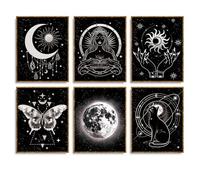 WEBEEDY 6 Pcs Sun and Moon Prints for Wall Decor Aesthetic Butterfly Planet Cat Boho Wall Art Black and White Wall Decor Unframed Poster for Living Room Bedroom Office Home Decoration, 20x25cm/8x10''