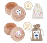 WEBEEDY 6 Pcs Tooth Fairy Gifts Cute Wooden Tooth Fairy Keepsake Storage Box Container with Canvas Pouch, Gold Foil Reward Coins for Lost First Teeth Memorial Holder Birthday Gift