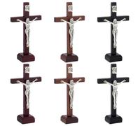 WEBEEDY 6 Pcs Wood Standing Cross with Base, 3 Colors Small Crucifix Wall Cross Jesus Christ Wall Hanging Wooden Crosses Stand for Tabletop Home Decoration, 10x5.8cm