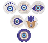 WEBEEDY 6 Styles Blue Evil Eye Car Coaster, Square Ceramic & Rubber, Fits Standard Car Accessories (6.7 * 6.7 * 0.7cm), Unique Decor Accessories with A Finger Notch