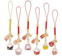 WEBEEDY 6 Styles Lucky Cat Keychain Pendant Japanese Maneki Neko Cat Cell Phone Charm Wealth Key Pendant with Bells and Metal Tags Good Lucky Pendants Charms for Phone Handbag Keychain Decor,12cm/4.7"