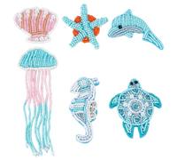 WEBEEDY 6 Styles Sea Animals Beaded Patches Pearl Applique Sewing Patches Starfish Jellyfish Dolphins Shells Sea Turtles Seahorses Shape Rhinestone Beaded Applique for Clothes Bag Summer DIY Projects