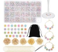 WEBEEDY 60 Sets DIY Wine Glass Charms with 1400 Luminous Letter Bead, Bulk Crown Star Heart Gloden Beads, 60 Rings, 240 Gold Beads, Drink Marker Wine Charms for Stem Glasses Wedding Cocktail Party