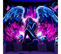 WEBEEDY Angel Wing Blacklight Tapestry Wall Hanging Skull Weeping Angel Tapestry UV Reactive Aesthetic Black Light Poster Art for Bedroom Living Room Home Backdrop Party Decor, 150x130cm