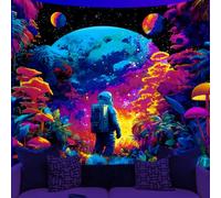 WEBEEDY Astronaut Planet Blacklight Tapestry Trippy Mushroom Tapestry Wall Hanging UV Reactive Black Light Poster Wall Decor for Bedroom Living Room Backdrop Party Decor, 150x130cm