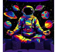 WEBEEDY Astronauts Meditate Blacklight Tapestry Planets Space Tapestry Wall Hanging UV Reactive Glow In The Dark, Space Backdrop Blacklight Poster for Bedroom Living Room Gamer Room, 150x130cm