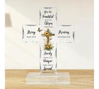WEBEEDY Bible Verse Sunflower Catholic Cross Decor Acrylic Standing Cross with Base, Religious Gifts for Women Men Biblical Verse Catholic Cross Statue for Memorial Gift Home Office Decor, 10x15cm