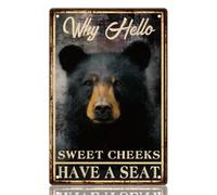 WEBEEDY Black Bear Metal Sign Wall Decor Vintage Tin Sign Why Hello Sweet Cheeks Have A Seat Wall Art Plaque Bear Decorative Signs for Home Office Living Room Bar Coffee Shop Birthday Gift,20x30cm