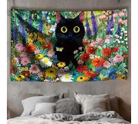 WEBEEDY Black Cat Tapestry Wall Hanging for Bedroom Living Room, Cute Cat Flower Wall Tapestry Wildflower Backdrop Anime Tapestries Cats Wall Art for Party Photo College Dorm Home Decor, 180x110cm