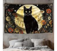 WEBEEDY Black Cat Wall Art Tapestry for Bedroom Living Room, Boho Moon Flower Tapestry Wall Hanging Bohemia Backdrop Vintage Floral Tapestries for Party Photo College Dorm Home Decor, 180x110cm