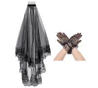 WEBEEDY Black Lace Veil and Gloves Set Double Layer Bridal Face Veil with Alloy Hair Comb & Lace Short Gloves for Women Bridal Vintage Wedding Gothic Halloween Party Costume Decor Accessories