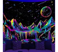 WEBEEDY Black Light Nature Mountain Tapestry Starry Night Forest Moon Stars UV Reactive Tapestry Fantasy Waterfall Wall Hanging Poster Glow in The Dark for Dorm Bedoom Party Decor (150x130cm)