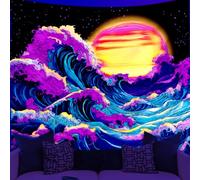 WEBEEDY Black Light Ocean Wave Tapestry Japanese Kanagawa Sunset UV Reactive Backdrop Poster Vintage Aesthetic Wall Hanging Tapestries for Bedroom Dorm Living Room Photo Shoot Prop (150x130cm)