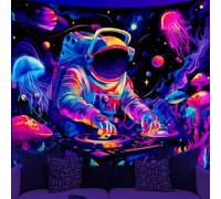 WEBEEDY Blacklight Astronaut Tapestry Funny DJ Music UV Reactive Tapestry Mushroom Trippy Galaxy Space Tapestries Wall Hanging Aesthetic Room Decor for Home Bedroom Halloween Party Decor, 150x130cm