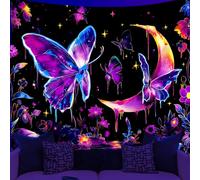 WEBEEDY Blacklight Butterfly Moon Tapestry Flower Nature Landscape Trippy Tapestry Wall Hanging UV Reactive Aesthetic Black Light Poster for Bedroom Living Room Home Backdrop Party Decor, 59x51 Inch