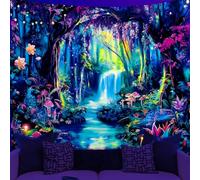 WEBEEDY Blacklight Magical Forest Tapestry Floral Plants Waterfall Tapestry Wall Hanging UV Reactive Glow In The Dark, Blacklight Poster for Bedroom Living Room Decor Photo Backdrop, 150x130cm