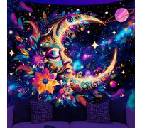 WEBEEDY Blacklight Moon and Star Wall Tapestry Goddess Starry Sky Moon Wall Decor for Bedroom, UV Reactive Glow In The Dark Boho Tapestry Aesthetic Poster for Dorm Halloween Home Decor,150x130cm