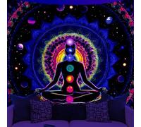 WEBEEDY Blacklight Seven Chakra Wall Tapestry Yoga Meditation Mandala Tapestry UV Reactive Galaxy Space Backdrop Blacklight Poster for Bedroom Living Room Wall Decor Party Backdrop, 150x130cm