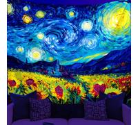 WEBEEDY Blacklight Sunflower Neon Tapestry Starry Night Tapestry Wall Hanging UV Reactive Aesthetic Black Light Poster Art for Bedroom Living Room Home Backdrop Party Decor, 150x130cm