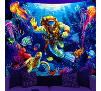 WEBEEDY Blacklight Under the Sea Tapestry Astronauts Sea Turtles Jellyfish UV Reactive Glow In The Dark Tapestry Wall Hanging Poster for Bedroom Living Room Gamer Room Decor Photo Backdrop, 150x130cm