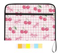 WEBEEDY Cute Pink Cherry Expanding File Folder 13 Pockets Ribbon Bow Accordion Folders Document Organiser with 12 Color Labels and Zipper, Portable File Organiser for Photo Letter Receipt, A4 Size