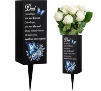 WEBEEDY Dad Cemetery Vases with Spike Metal Grave Vases Cemetery Flower Holder, Blue Butterfly Flower Memorial Vase Sympathy Gift for Loss of Dad Funeral Gift Graveyard Decorations,1pc,8x20cm