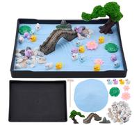 WEBEEDY Desktop Duck Zen Garden Kit, Japanese Zen Garden Sandbox for Desk with Duck Figurines, Lotus Flowers, Bridge & Blue Sand, Mini Pond Decor for Home Office Meditation Gift, 21x15.7 cm