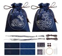 WEBEEDY DIY Sashiko Kit, 2 Set Embroidery Drawstring Bag Kit, Lotus Flower