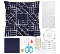 WEBEEDY DIY Sashiko Pillowcase Kit Complete Japanese Embroidery Set with Acrylic Templates, Fabric, Needles, Thread & Tools for Beginners, Blue Pillow Cover Sewing Craft Kit for Couch Sofa, 50x50cm