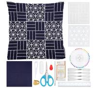 WEBEEDY DIY Sashiko Pillowcase Kit for Beginners, Complete Japanese Embroidery Set with Acrylic Templates, Fabric, Needles, Thread & Tools, Blue Pillow Cover Hand Sewing Kit for Couch Sofa, 50x50cm