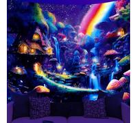 WEBEEDY Fantasy Forest Blacklight Tapestries Waterfall Rainbow UV Reactive Glow In The Dark Tapestry Neon Enchanted Forest Wall Hanging Poster for Bedroom Living Room Gamer Room, 150x130cm