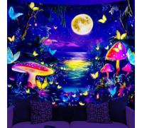 WEBEEDY Fantasy Forest Tapestry Blacklight Butterfly Moon Mushroom Tapestry Backdrop, UV Reactive Glow in the Dark Lakeside Scenery Wall Decor for Bedroom Home Room Wall Art Party Decor, 150x130cm