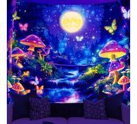 WEBEEDY Fantasy Forest Wall Tapestry for Bedroom, UV Reactive Mushroom Butterfly Moon Tapestries Aesthetic Plant Wall Hanging Tapestries Black Light Posters for Party Living Room Home Decor, 150x130cm