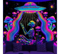 WEBEEDY Funny Black Light Skeleton Tapestry UV Reactive Mushroom Floral Tapestries Alien UFO Skull Wall Hanging for Bedroom, Aesthetic Galaxy Space Posters Living Room Dorm Decor (150x130cm)