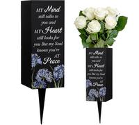 WEBEEDY Grave Vases with Spikes Blue Flower Pattern Grave Ornaments for Cemetery Outdoor Garden, My Mind Still Talks to You Memorial Vases Funeral Sympathy Gift for Loss of Loved One, 8x20cm, 1 Pcs