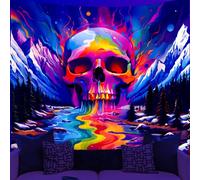 WEBEEDY Halloween Blacklight Skull Tapestry UV Reactive Trippy Neon River Through Mountain Glowing Posters Forest Wall Hanging Aesthetic Tapestry Poster for Halloween Party Wall Art Decor (150x130cm)