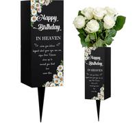 WEBEEDY Happy Heavenly Birthday Cemetery Vases Daisy Flower Grave Decorations for Cemetery, Metal Grave Flower Holder Memorial Vases Sympathy Condolences gift for Loss of Loved One, 1 Pc, 8x20cm