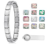 WEBEEDY Italian Charm Bracelet Stainless Steel Adjustable DIY Modular Charm Bracelet with 10 Pcs Charms, 9mm Modulars and Opening Tool, Italian Modular Bracelets Link for Women Men Jewelry Gifts