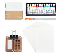 WEBEEDY Mini Watercolour Paint Set Travel Wooden Watercolor Kit Portable Pocket Travel Paint Set with 8 Grids Mini Palette,Clip,Brushes,Watercolour Book,Paper,12 Colours for Painters Artist