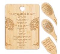 WEBEEDY Mom Bamboo Wood Cutting Board to My Mother in Law Tree Engraved Cutting and Charcuterie Board with 3Pcs Wooden Spoon Small Cutting Board with Hanging Hole Presents for Moml,22x29x1.5cm