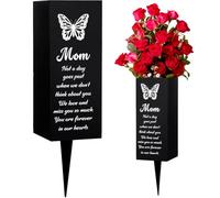 WEBEEDY Mom Cemetery Vases for Grave Butterfly Pattern Mother Memorial Vases Cemetery Flower Holder with Spike Grave Ornaments for Funeral Graveside Outdoor Yard Sympathy Memorial Gift, 8x20cm