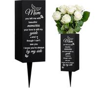 WEBEEDY Mom Cemetery Vases Metal Memorial Vases for Graves with Spikes Grave Ornaments Sympathy Gifts for Loss of Mom Angel Wings Butterflies Heart Pattern Black Sympathy Cemetery Memory Sign,8x20 cm