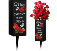 WEBEEDY Mom Crave Vases Cemetery Decorations for Grave Metal Grave Flower Holders with Spikes, Roses Butterflies Memory Vase Sympathy Gift for Loss of Mom Funeral Happy Heavenly Birthday,8x20 cm