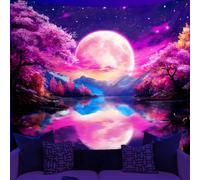 WEBEEDY Moon Forest Blacklight Pink Tapestry Nature Tree Landscape Wall Hanging UV Reactive Glow In The Dark Tapestry Forest Blacklight Poster Backdrop for Bedroom Living Room Gamer Room, 150x130cm