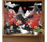 WEBEEDY Mountain River Tapestry Black and Red Japanese Style Tapestry Wall Hanging Night Moon Cherry Landscape Poster Aesthetic Nature Wall Backdrop for Photography Home Decor,130x150cm/4.27x4.92ft