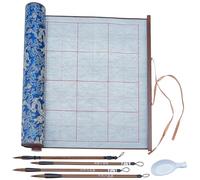 WEBEEDY No Ink Water Painting Cloth Reusable Calligraphy Cloth Scroll Set with 4 Chinese Brushes and Plastic Dish, Magic Canvas with Grid No Ink Scroll Calligraphy Practice Kit for Beginners, 6 Pcs