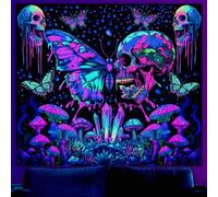 WEBEEDY Skull Blacklight Tapestry Aesthetic Butterfly Mushroom Tapestries Halloween UV Reactive Cool Art Poster Colorful Large Wall Hanging for Bedroom Dorm Halloween Party Decor,150X130cm