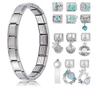 WEBEEDY Stainless Steel Silver Italian Charms Bracelet Sets with Start Bracelet,10 Pcs Marine Module Charms and Opening Tool for Women Adjustable Removable DIY Charm Bracelets Link Module Jewelry Gift